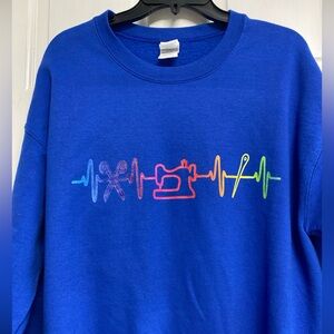 Retro Vintage Sweatshirt Sewing Machine quilting Needle Scissors Heartbeat Blue